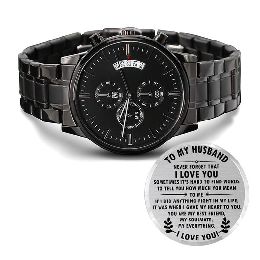 To My Husband - Never Forget - Engraved Design Black Chronograph Watch